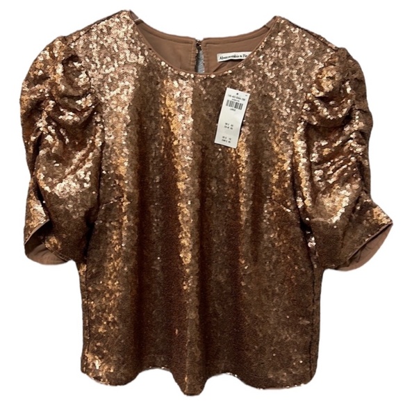 Abercrombie & Fitch Gold Sequin Ruched Puff Sleeve Top NWT Size L - Picture 1 of 4